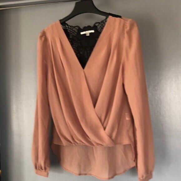 Papaya Women tan Long Sleeve cross body v necked Blouse S back cutout Lace - Picture 1 of 4